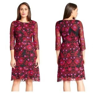 Adrianna Papell Floral pink& black 3/4 sleeve Embroidered midi Dress Size 12